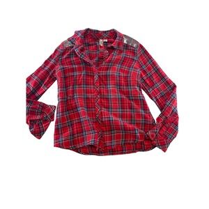 Route 66 Womens Flannel Shirt Button Up Plaid Long Sleeve Sequin Shoulder Medium